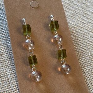 Elegant Green and Taupe Glass Dangle Earrings